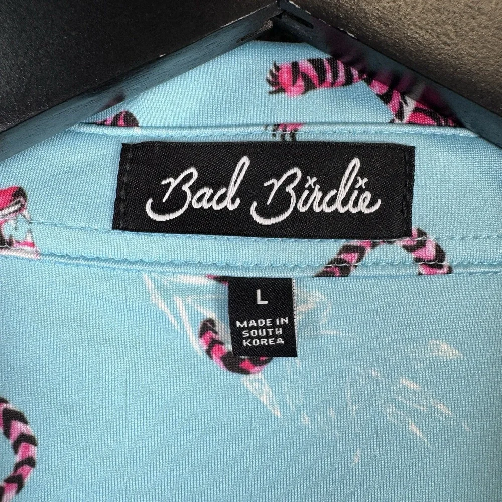 Bad Birdie Polo Mens Large Blue‎ Tiger Watch Print Performance Stretch Golf LOGO
